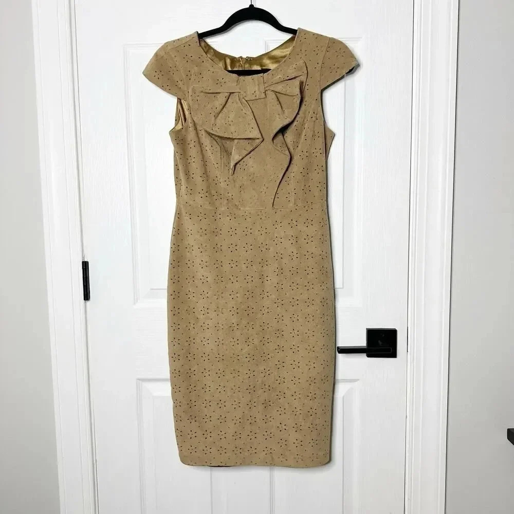 EVA FRANCO Size 4 Taupe Faux Suede Sheath Dress Perforated Floral Print